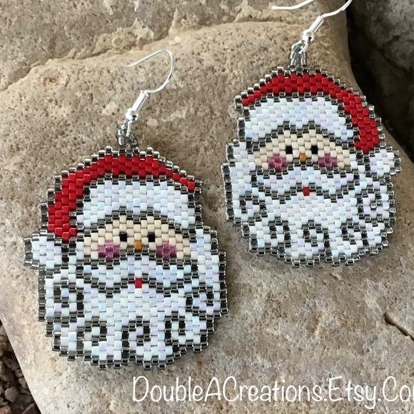 Santa Clause Face Trimmed in Silver Beaded Earrings, New, Handmade by Me - Picture 3 of 5